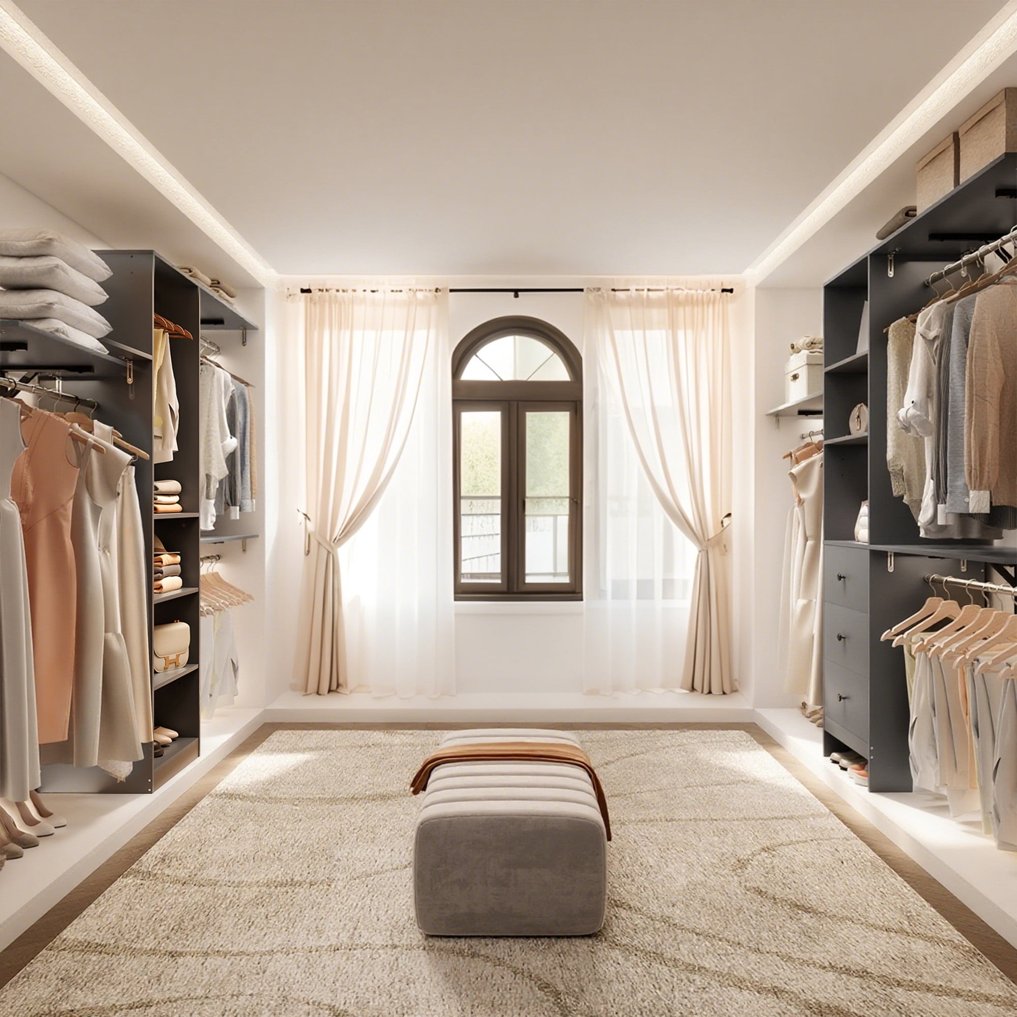 MAYEERTY Gray 96*16*75" Heavy Duty Wood Closet Organizer, 4 Rods & 5 Shelves, Fits 5-10 ft Spaces