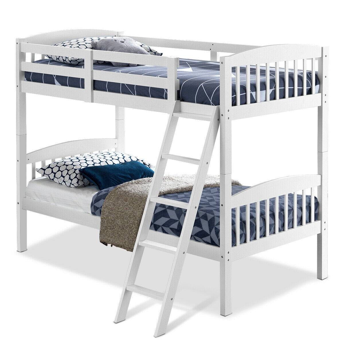 Gymax Wood Hardwood Twin Bunk Bed, White Wooden Bunk Beds With Stairs