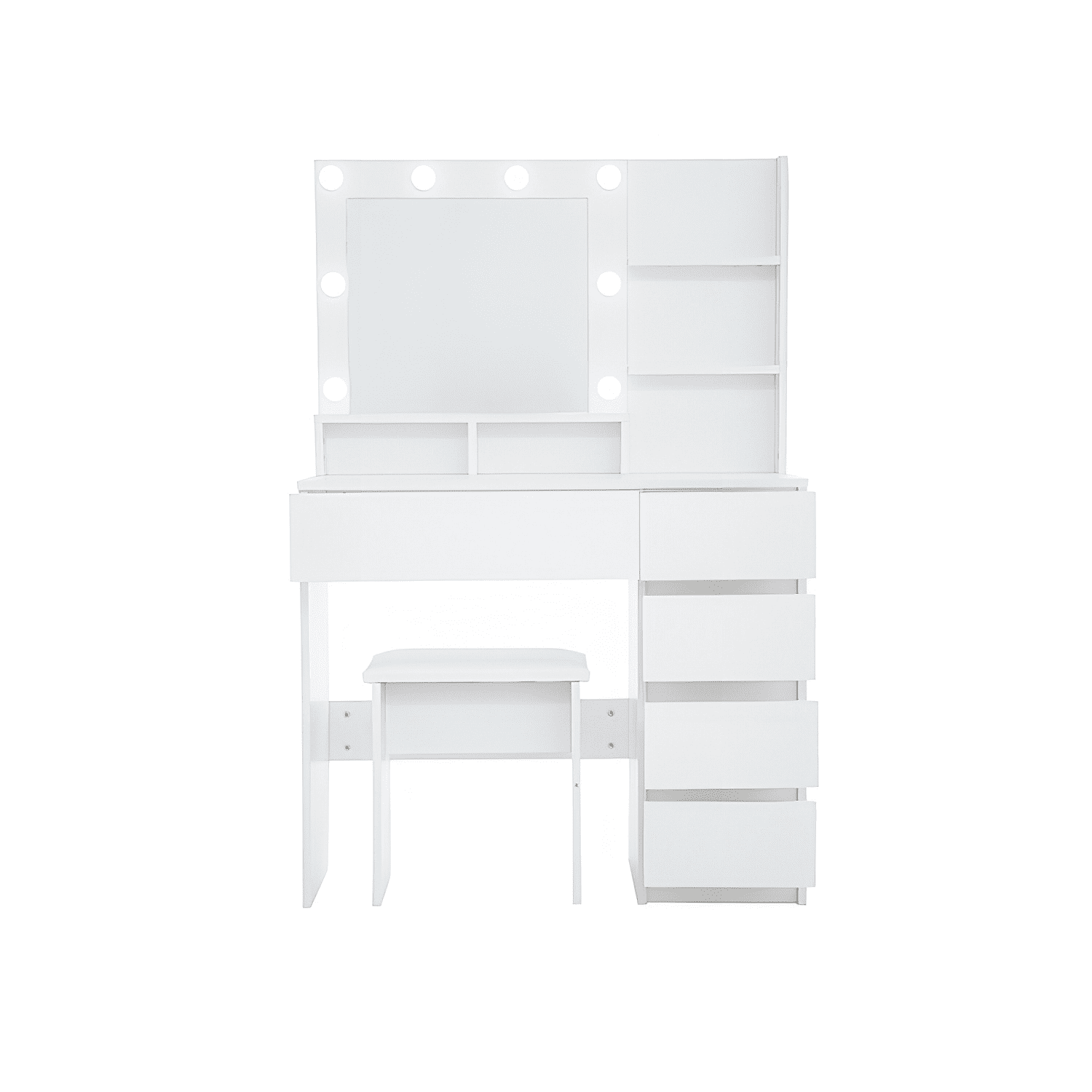 BaPiPro Vanity Desk Set with Lighted Mirror & Stool, White Makeup Vanity Table with 3 Lighting Modes & Adjustable Brightness, Large Storage Dressing Table for Bedroom