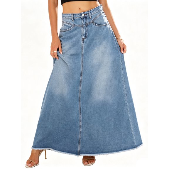 High Waist Women Casual A Line Long Denim Skirt with Pocket