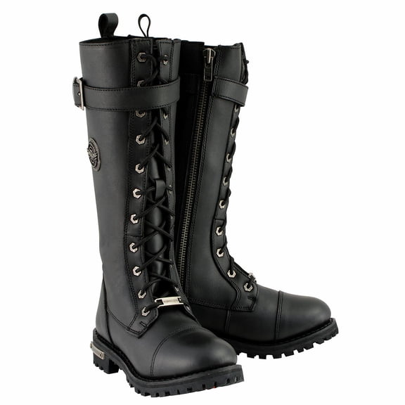 Milwaukee Leather Women's Black 14-inch Lace-Up High-Rise Leather Biker Rider Boots with Calf Buckle MBL9355 6