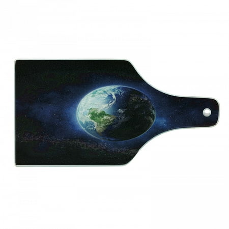 

World Cutting Board Starry Outer Space View with Planet Earth Calm Silent Universe Galaxy Decorative Tempered Glass Cutting and Serving Board Wine Bottle Shape Dark Blue Green White by Ambesonne