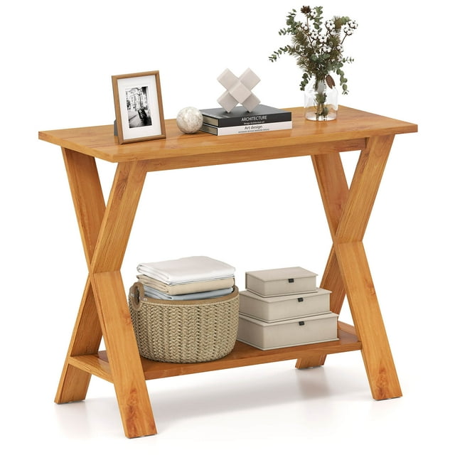 Costway 35.5-Inch Long Entryway Table with Storage Shelf Solid Teak Wood Console Table