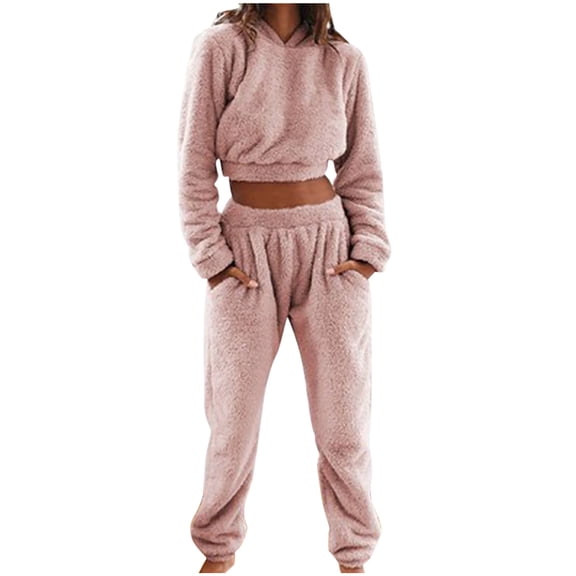 yillto Women Fuzzy Sets Fleece Hoodie Pullover Crop Sweatshirts and Thick Warm Lounge Pants 2 Piece