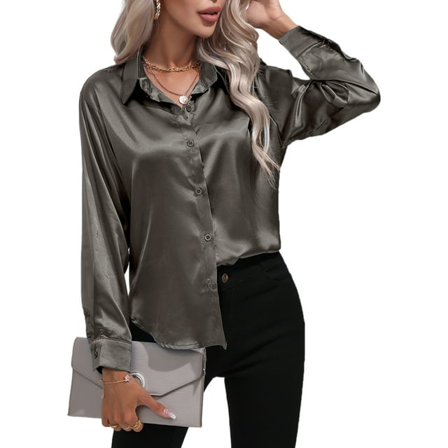 Innerwin Shirts Long Sleeve Ladies Tunic Tops Office Button Down Soft Blouse Iron Gray S