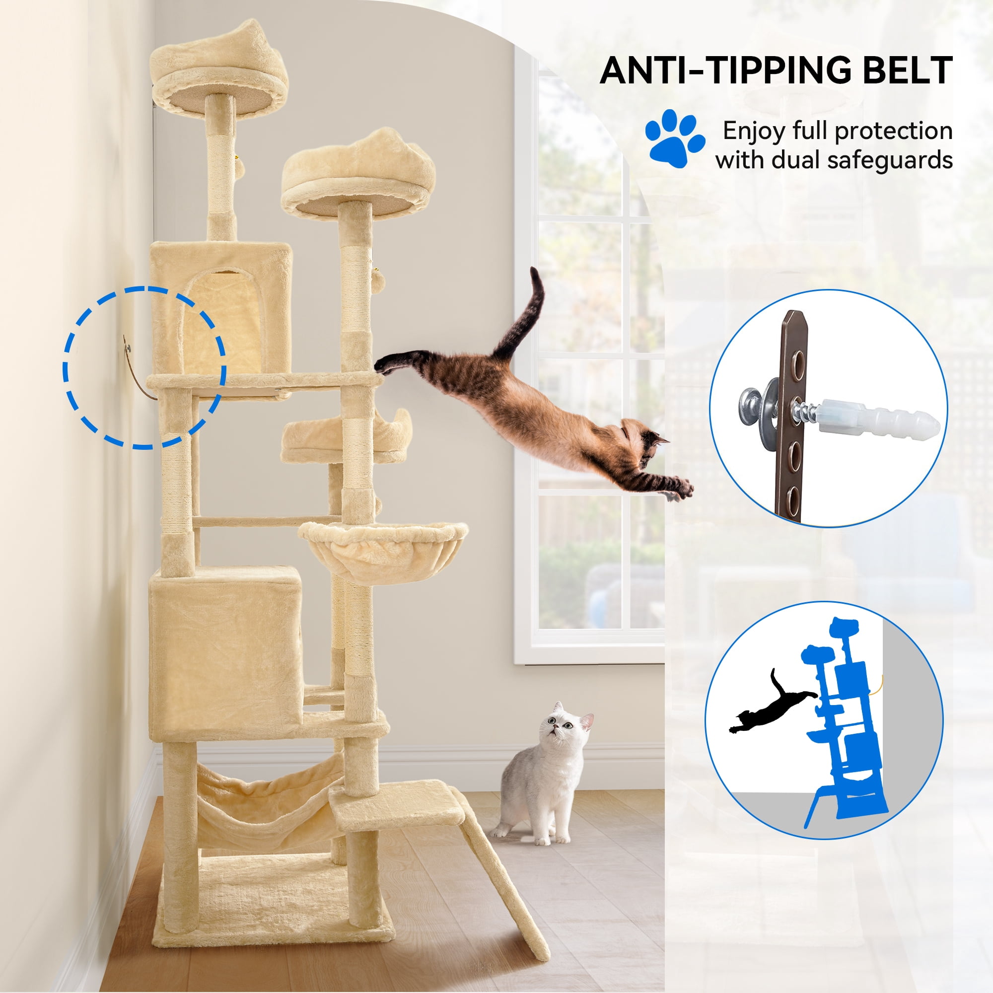 Dextrus 75" Multi-Level Cat Tree Tower with Cat Condos, Perches, Hammocks, Scratching Posts Board, Large Cat Activity Center,Beige