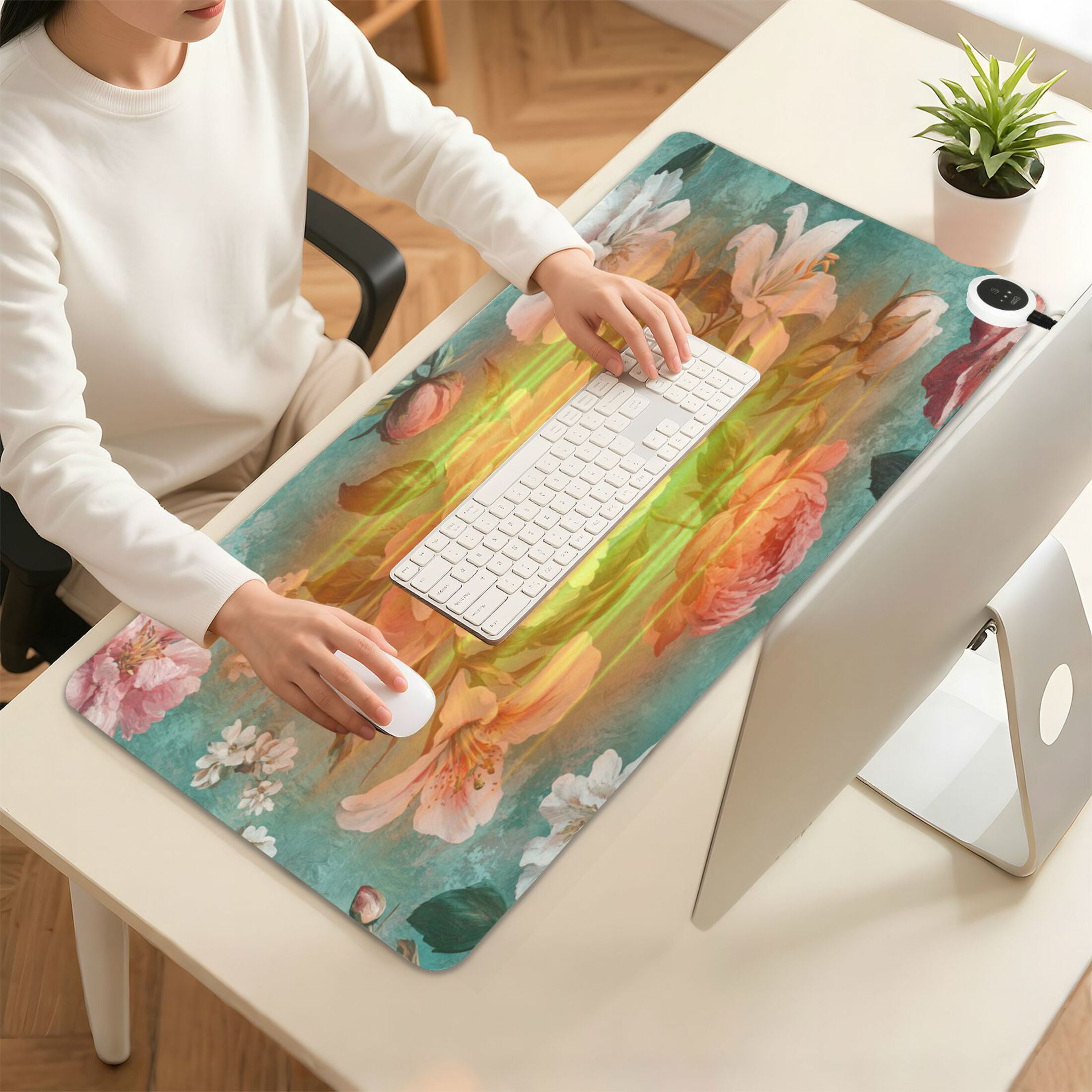 Wobogo Rococo Florals Heated Mouse Pad Extra-Large Desk Mat With 3 Heating Levels and 3-hour Auto Shut-Off Protection Ideal for Computer Keyboards Home Office Hand-warming Essential 31.5in × 13in