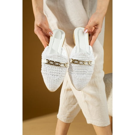 

Pembe Potin Chain Buckle Lace Knitted Patterned Comfortable Fit Women s Slippers 001-1-24