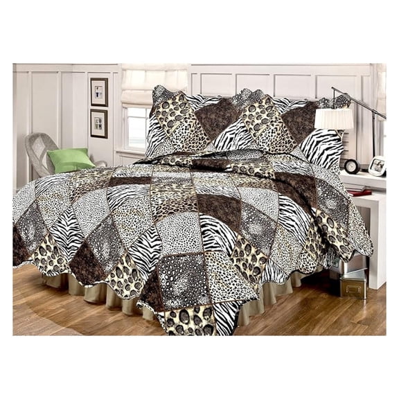 Brown Black Leopard Cheetah Zebra Animal Print Patchwork Quilt Set (2pc Twin Size), Brown and Black