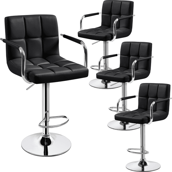 Bar Stools Set of 4, Swivel Bar Chairs with Backs and Armrests, Adjustable Height Kitchen Seating, Modern PU Leather Counter Stools for Breakfast Bar, Home Pub, Commercial Cafe, Black