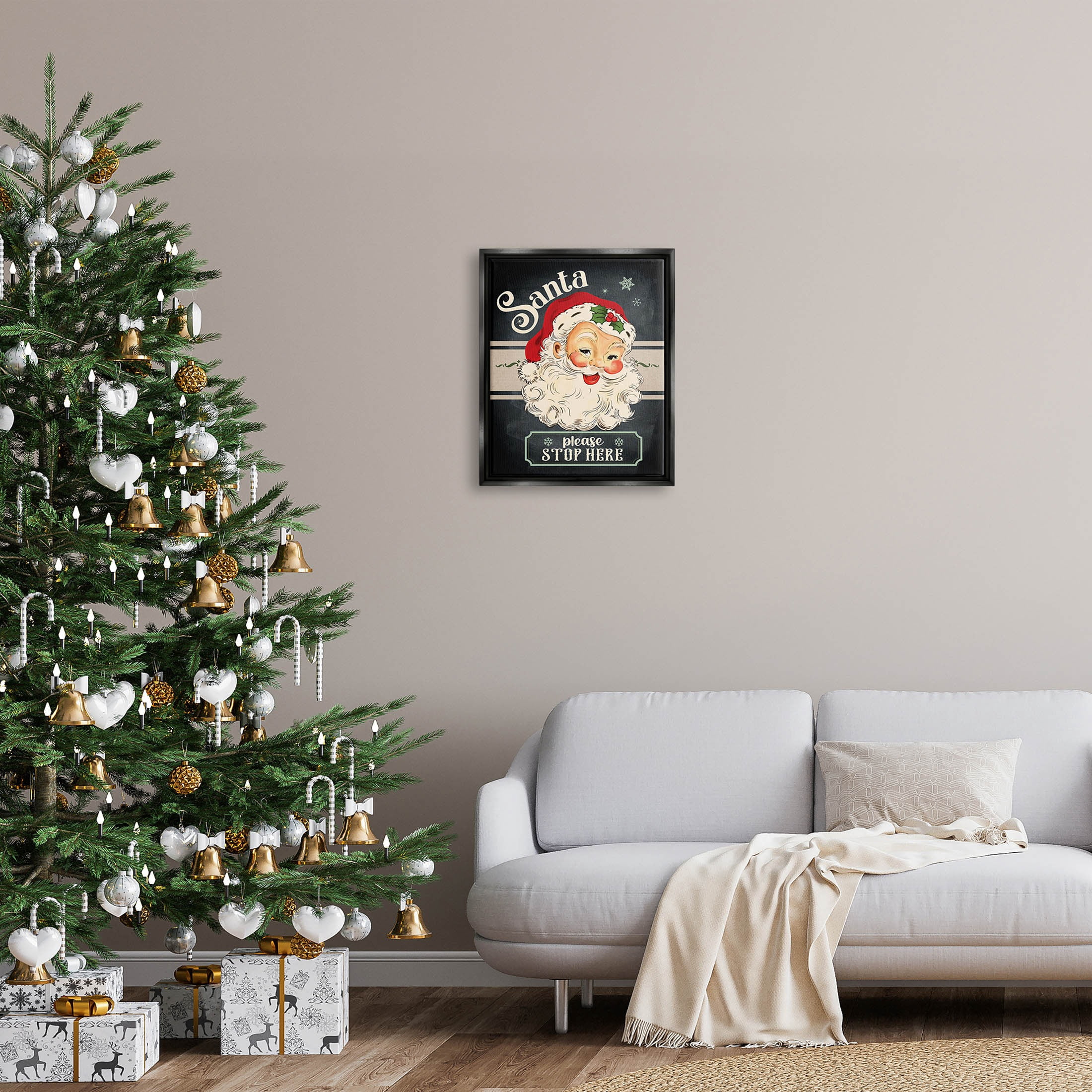 Santa Please Stop Here Vintage Smiling Holiday Graphic Art Jet Black Framed Art Print Wall Art