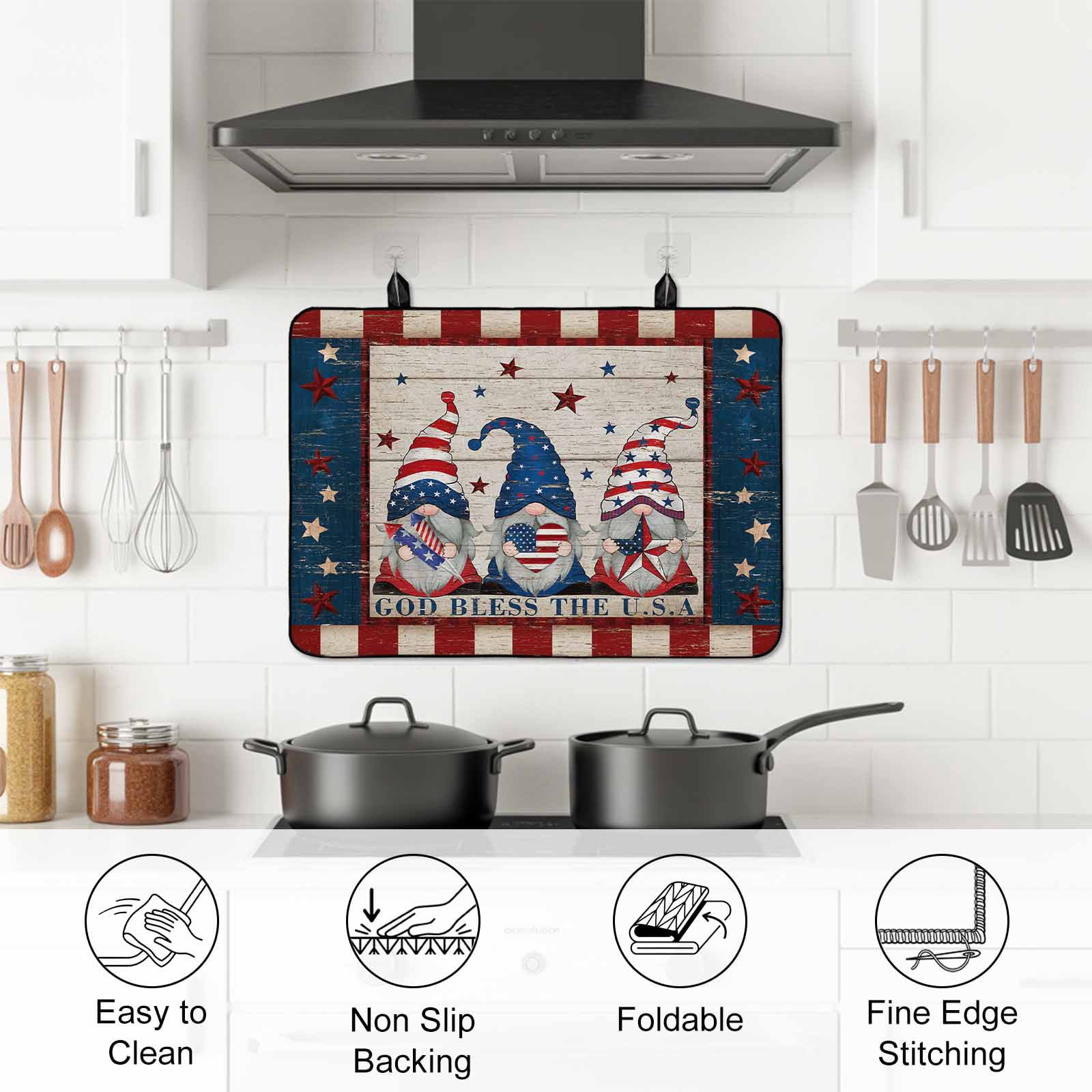 4th of July Gnomes Stove Top Cover for Electric Stove, Heat-proof & Non Slip Glass Top Stove Cover Protector, Independence Day Dwarf American Flag Star Kitchen Flat Cooktop Rubber Mat 24x21 Inches