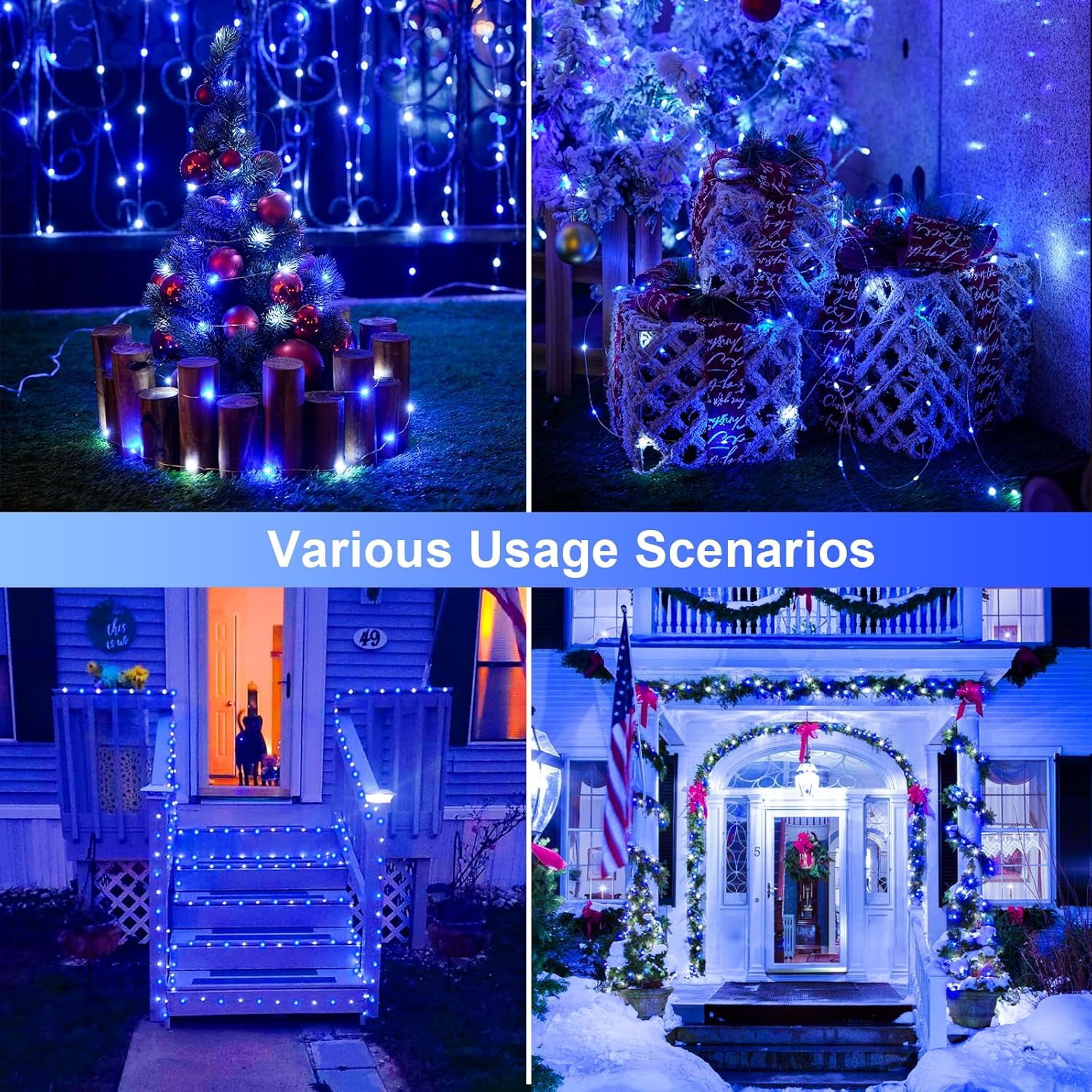 2 Pack Blue and White Solar Christmas Lights, Each 33FT 100 LED Solar String Lights Outdoor Waterproof, 8 Modes Mini Fairy Lights for Outside Yard Patio Christmas Decorations
