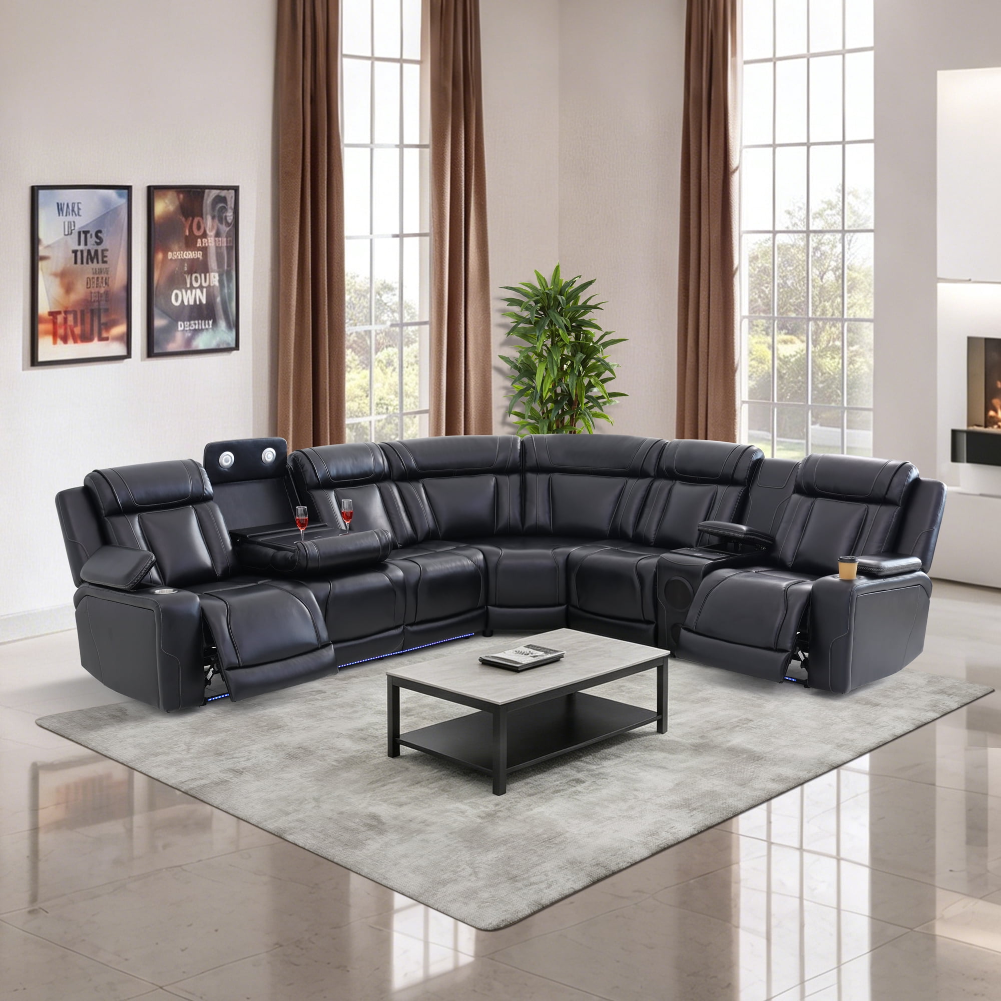 Gewnee Luxury Oversized Reclining Corner Sectional Couch, Power Recliner, Air Leather, Bluetooth Speakers, Wireless Charging, USB & Type‑C Charging, Cup Holders, Living Room Home Theater, Black