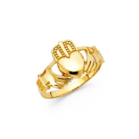 White Gold Irish Claddagh Ring - Men's 14K Solid Yellow Gold Claddagh Irish Ring, Size 8.5