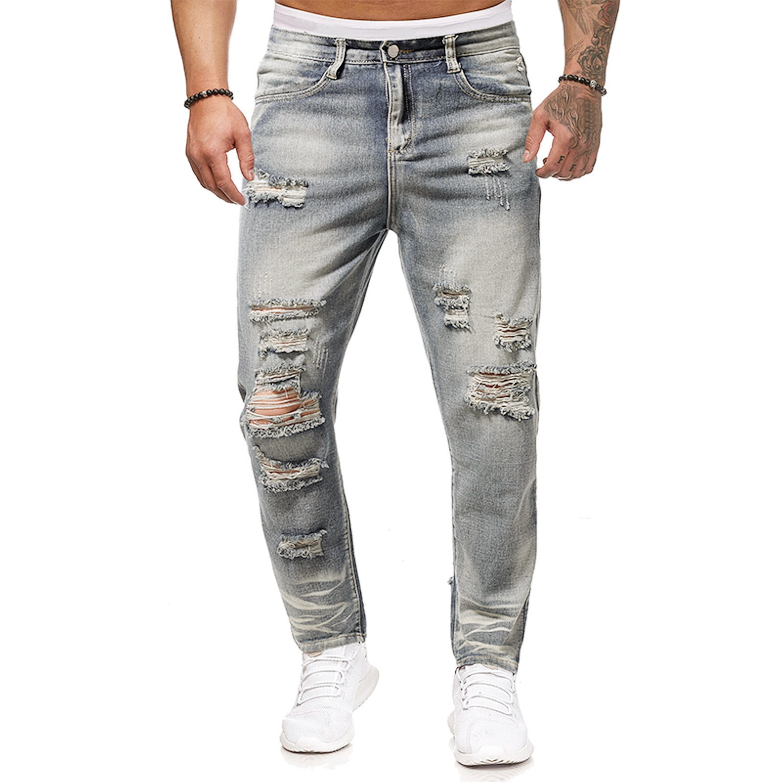 B91xZ Jeans Men Distressed Straight Leg Fashion Comfort Jeans,Blue