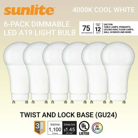 Sunlite LED A19 Light Bulb, 12 Watts (75W Equivalent), GU24 Twist and Lock Base, Dimmable,UL Listed, 4000K Cool White, 6-Pack