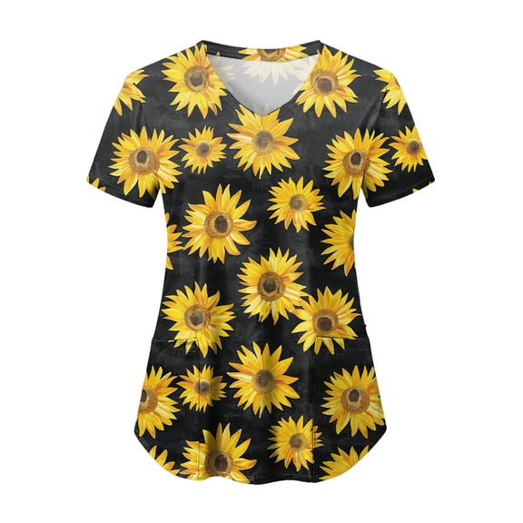 felwors Scrubs for Women Tops Animal Print Shirt V Neck Cartoon Pattern Short Sleeve Nursing Uniform with Pockets (Yellow, L)
