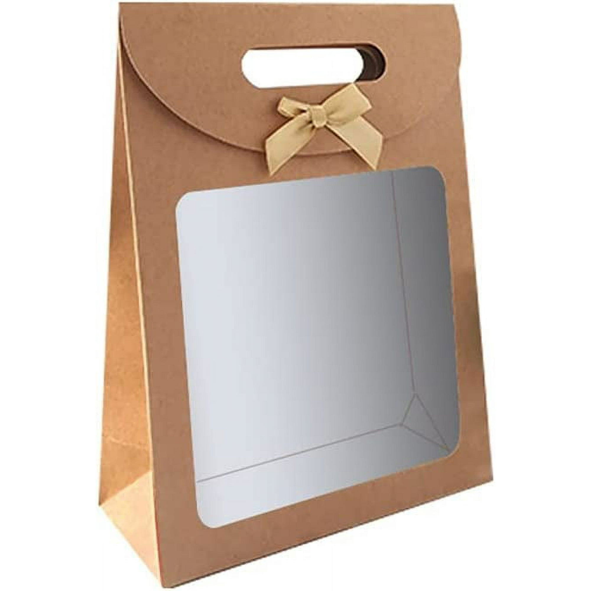 12PCS Flip Cover Bowknot Kraft Paper Packaging Bags Gift Bag With Transparent Window Portable Gift Box Bag Gift Wrapping Box for Party Gift Cake