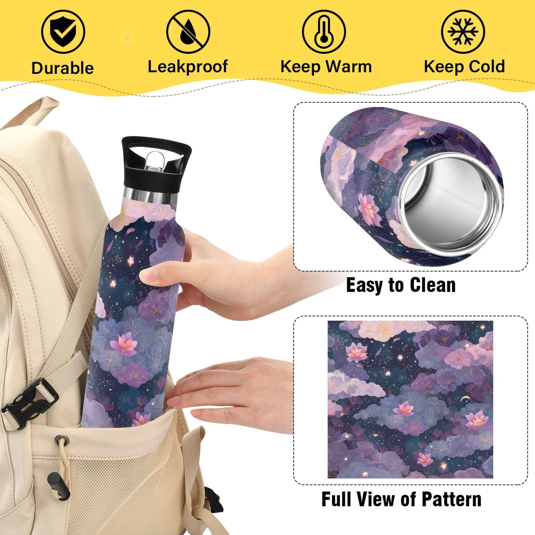 600ML Stainless Steel Insulated Cup Sports Water Bottle Portable Thermos Cup Water Glasses Insulated Tumblers Convenient and Durable Purple Beautiful Flowers