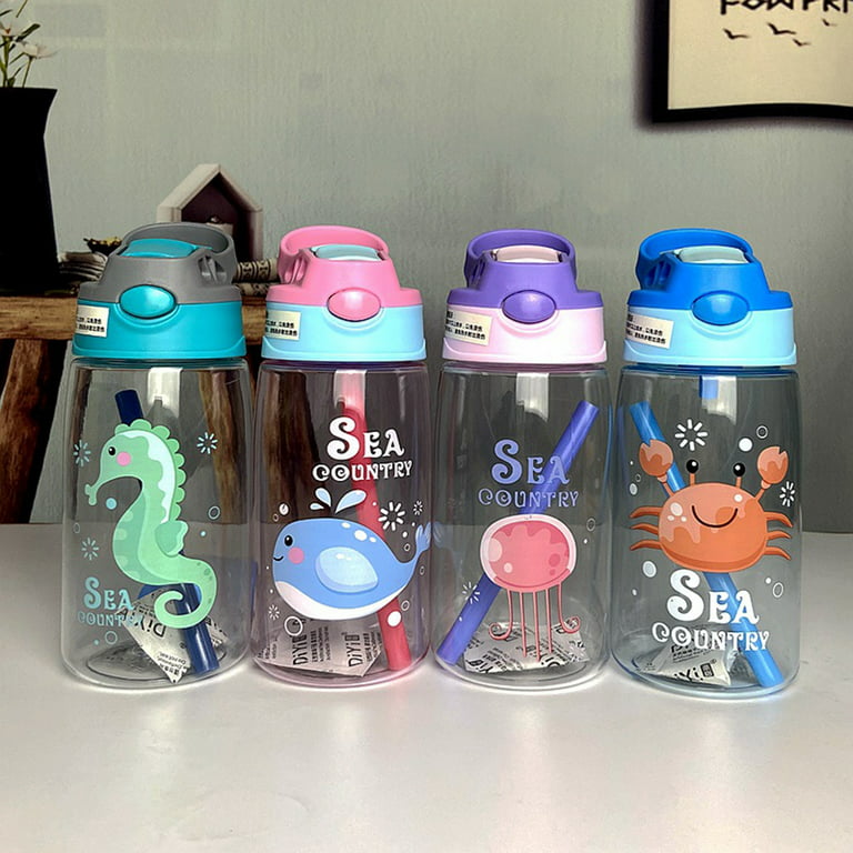 Children Straw Cup No Spill Flip-It Transparent Cartoon Pattern Water Bottle  Travel Cup, 16.3 Oz 