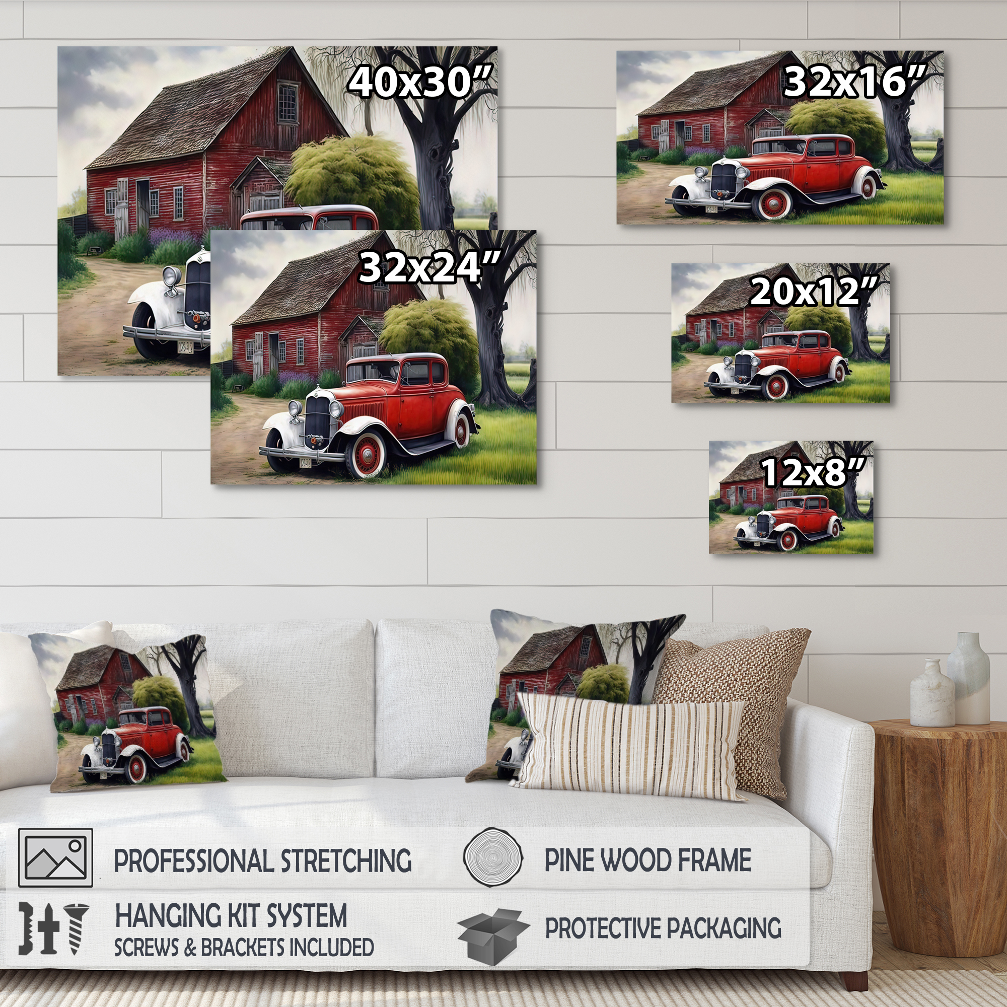 Designart Old Vintage Car At The Barn Canvas Wall Art