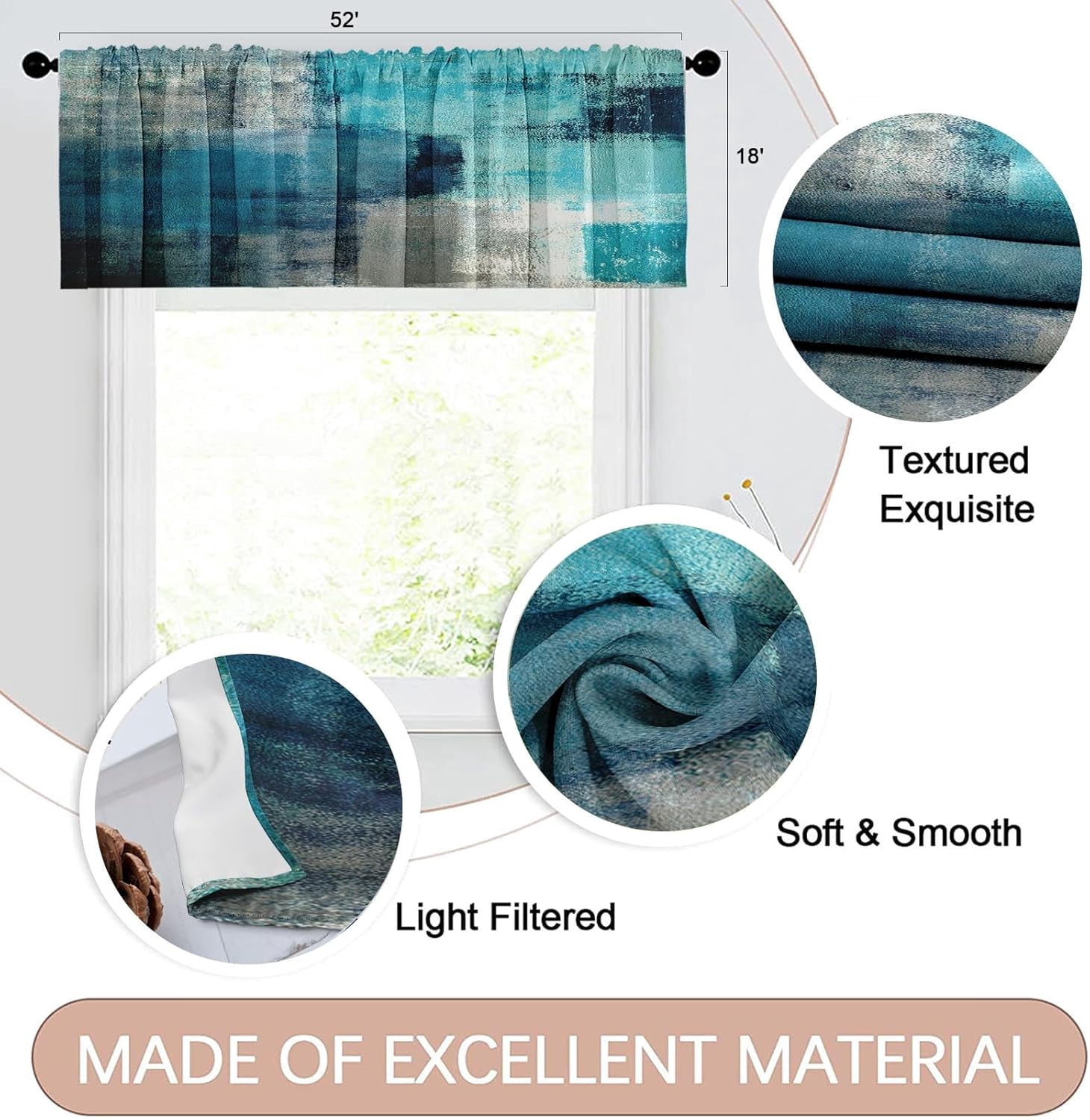 4 Pack Valances Window Treatments, Turquoise Abstract Modern Art Blackout Adjustable Valances for Living Room Bathroom Bedroom Kitchen Over Sink, 18x52 Inch Rod Pocket Valances