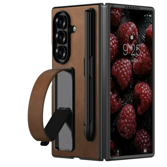 ELEHOLD Case for Samsung Galaxy Z Fold 7, Shockproof Leather Phone Case with Wrist Strap & Stand, Built-in Pen Slot & Stylus,Brown