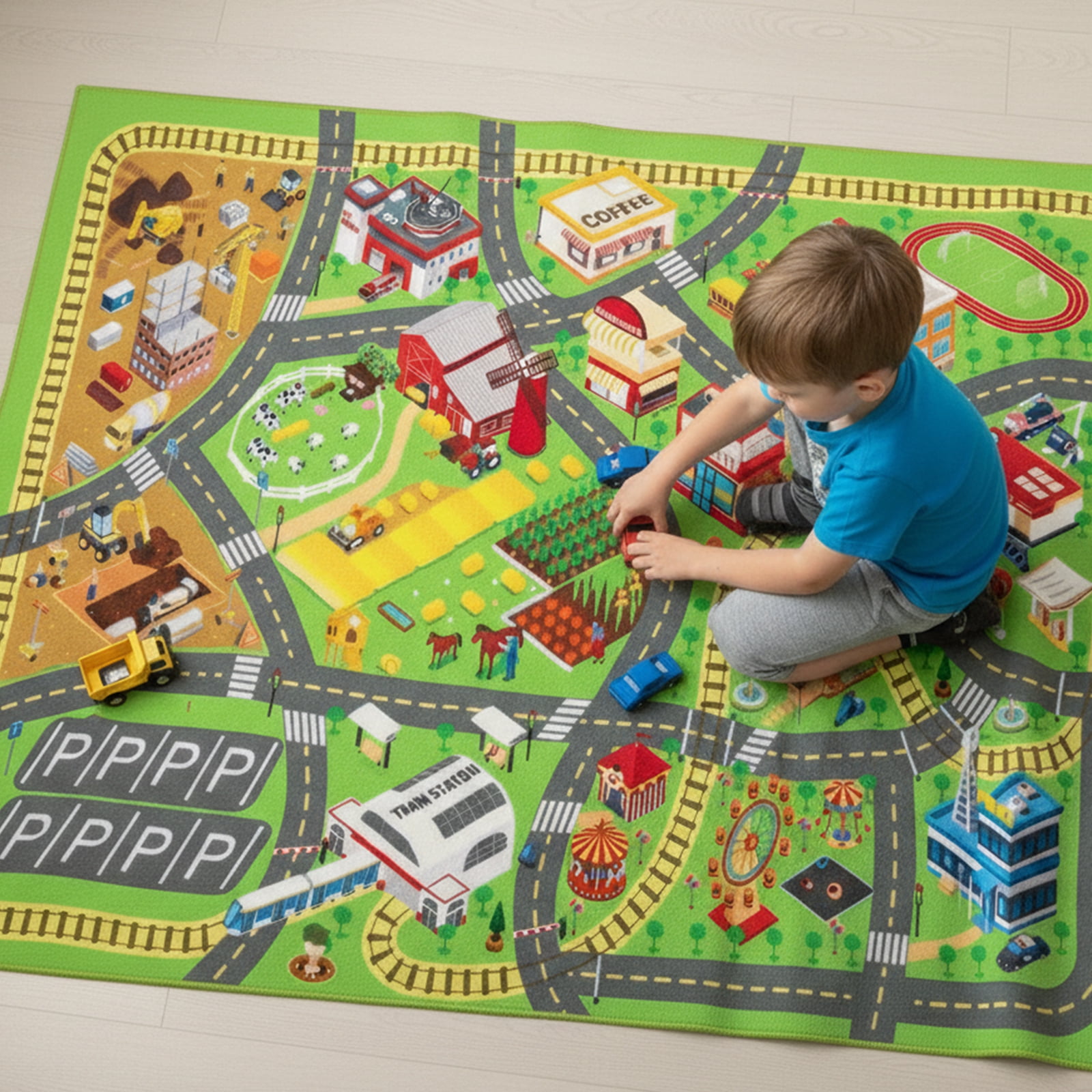 Car Rugs for Kids Toy Cars, Non-Slip Kids Play Rug, Town City Road Carpet for Kids Boys Playroom Bedroom, Washable Car Track Playmat Vehicle Mat for Children Baby (City, 59"X39.4")