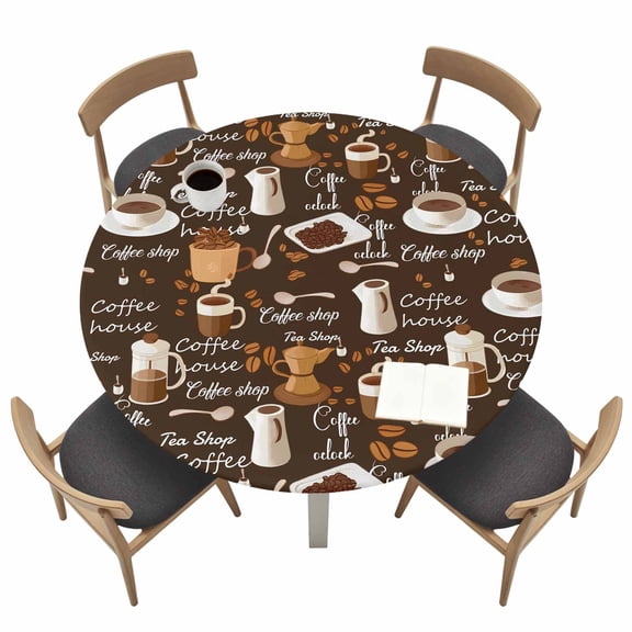 Coffee Fitted Tablecloth with Elastic Edged, Round Table Cloth for Dining Table, Brown Retro Coffee Theme Beans Latte Tea Cup Waterproof Oil Proof Table Cover for Indoor Outdoor 55"-60"