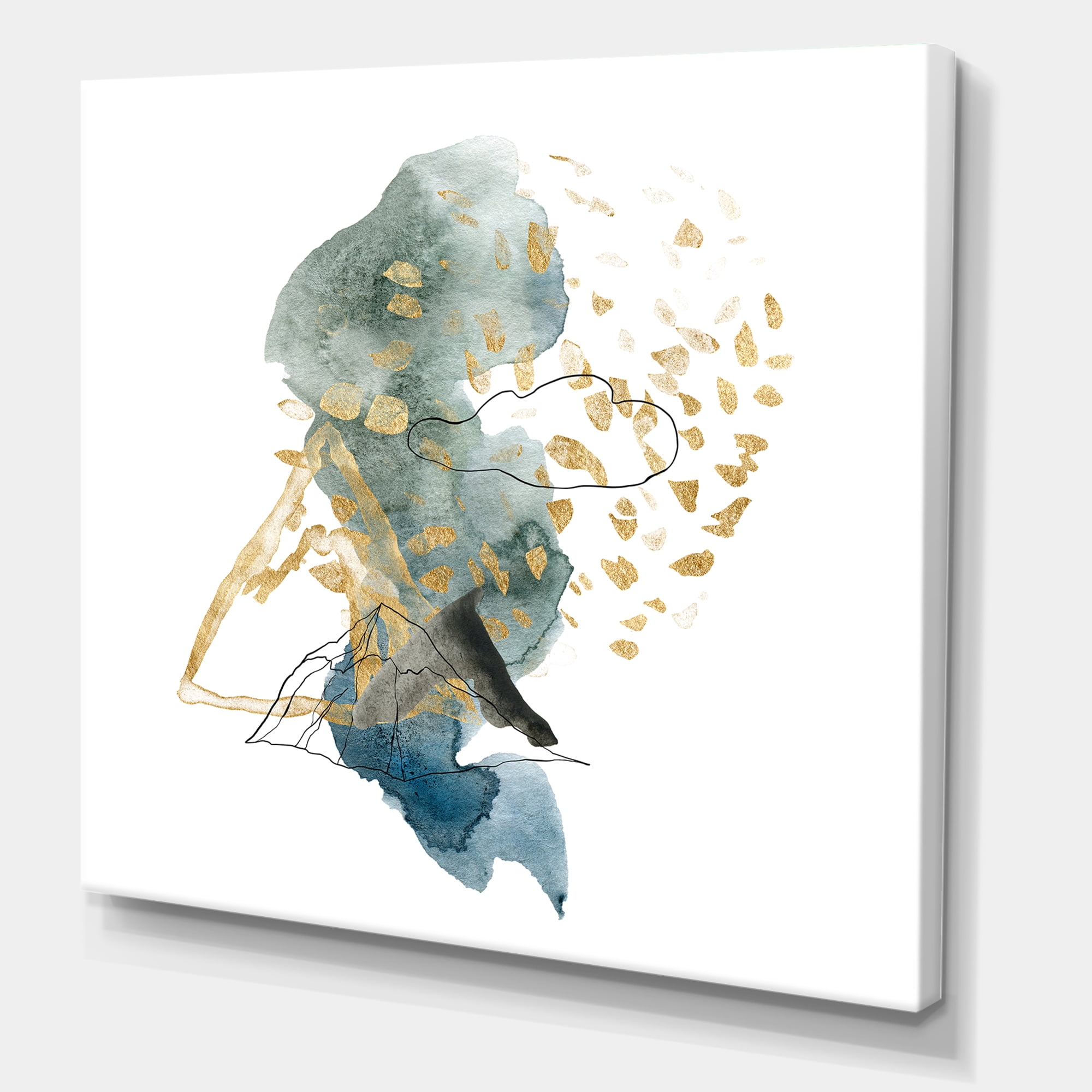 Designart ' Gold Strokes and Landscape of Dark Blue Mountains I ' Modern Canvas Wall Art Print