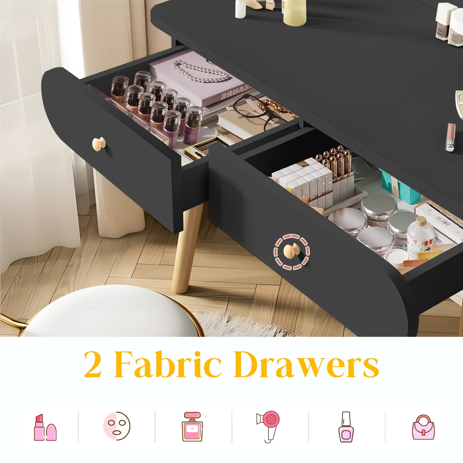 RICHYOUNG Makeup Vanity Table Set with Mirror,Dressing Desk with 2-Drawer for Bedroom(Black,No Stool)