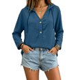 thumbnail image 6 of Women's V Neck Button Front Hoodie, Long Sleeve Drawstring Top, Casual Pullover Shirt for Spring Summer | CSEONE,Blue 3XL, 6 of 9