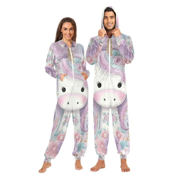 Wobogo Beautiful Unicorn Unisex Pajamas Hooded Onesie Jumpsuit Zipper version Non-Footed Women&Men