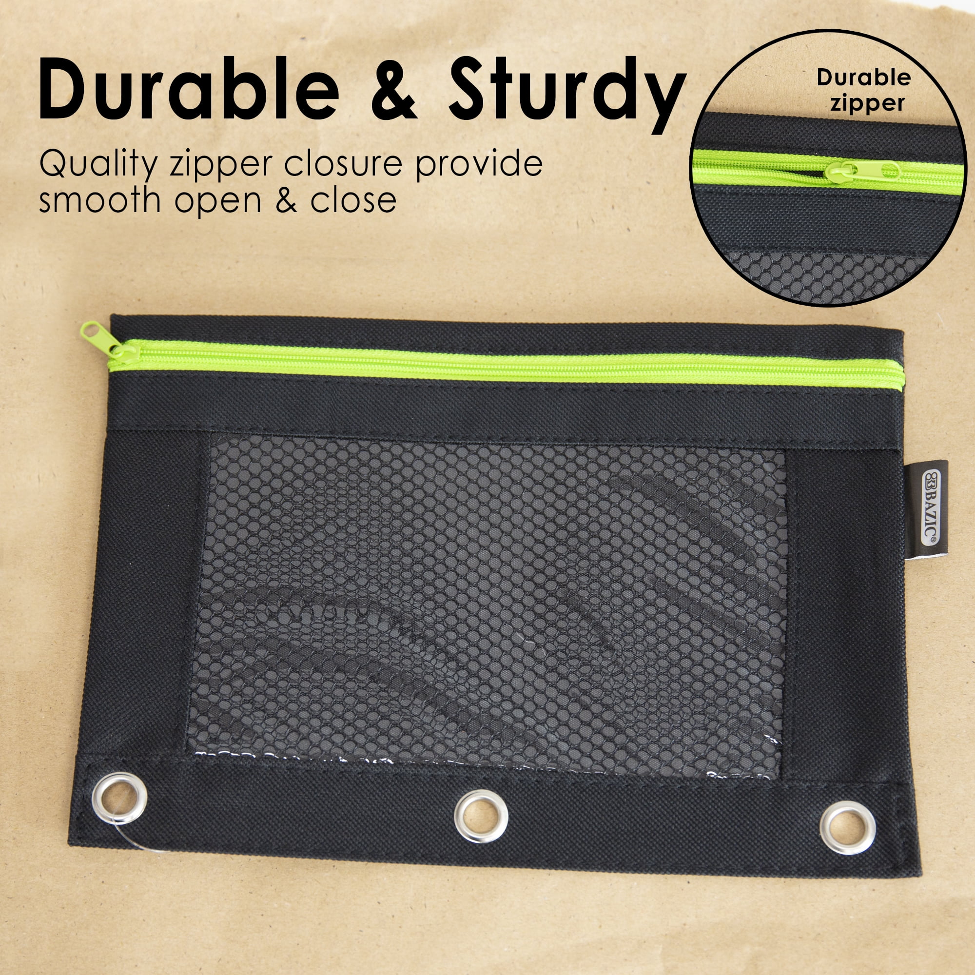 BAZIC 3 Ring Pencil Pouch, Mesh Window, Neon Black Color, 144-Pack