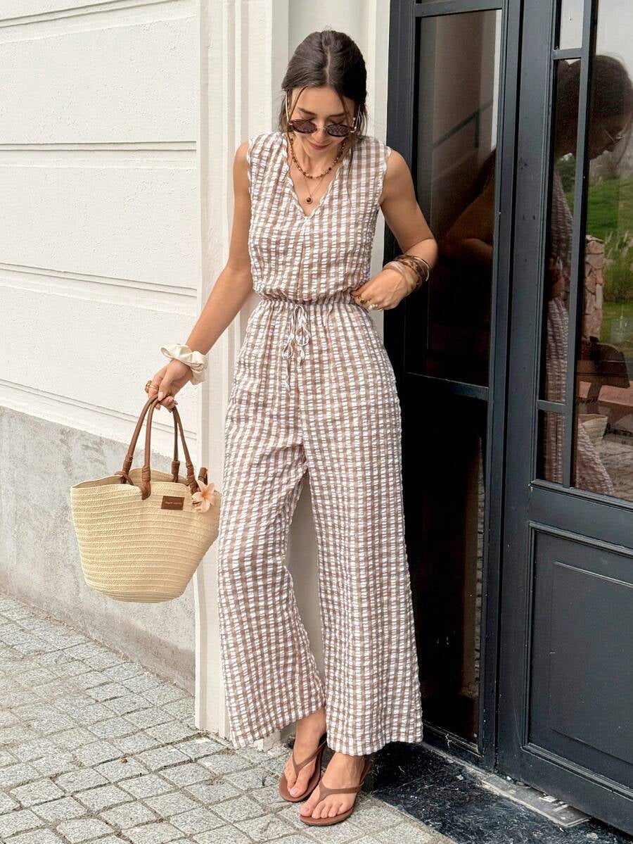 Women's Plaid Striped Sleeveless V-Neck Wide-Leg Jumpsuit,White Summer Boho Holiday Vacation Holiday Casual Elegant Party Wedding Graduation Formal