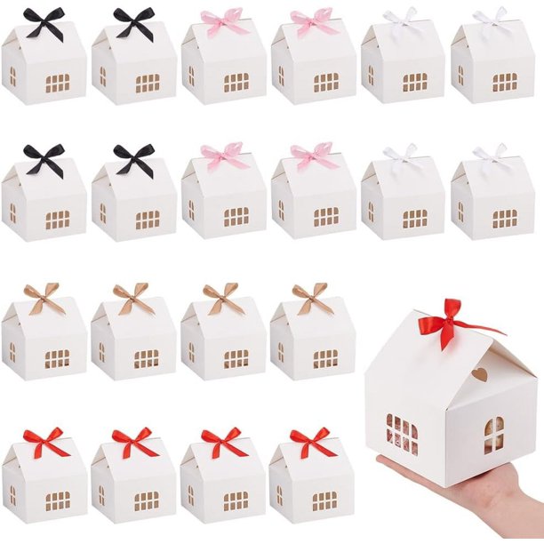 Cajas de regalo con forma de casa en 5 colores, 20 juegos de cajas para galletas con ventanas pequeñas, cajas de cartón blanco para golosinas, recuerdos de boda con cinta