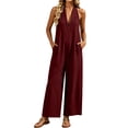 thumbnail image 3 of Neewe Womens Plain Linen Wide Leg Sleeveless Jumpsuits | V Neck Cutout High Waist Rompers, Breathable Lightweight, Beach Vacation Pants Outfit, Casual Dressy, Fall Winter Resort Wear, 3 of 9