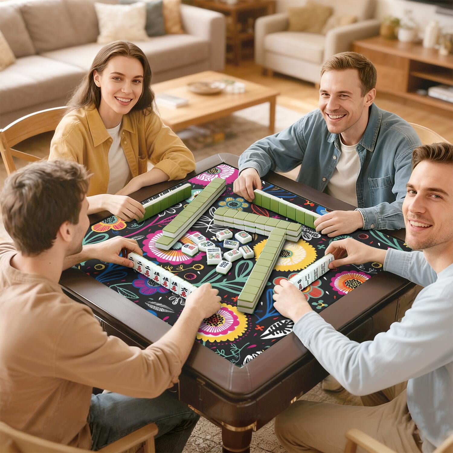 Boho Mahjong Mat for Table, 31.5*31.5in Anti Slip American Mahjong Table Cloth, Noise Reduction, Neoprene Mah jongg Mat with Carrying Bag & 3 Dices, Mahjong Accessories Gift for Board Tile Games Mats