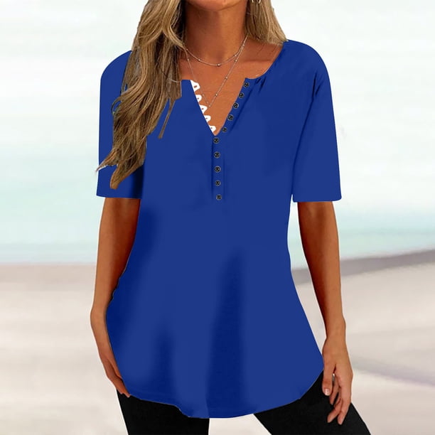 Fiudx Tops para Mujer Blusa con Botones de Color y Cuello Redondo, Informal, Cómoda Ya La Moda para Mujer