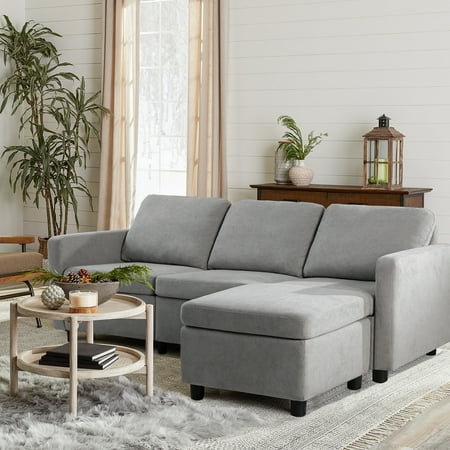 Lacoo Modern Linen Fabric L-Shaped Small Space Sectional Sofa with Stool, Reversible Chaise, in Grey