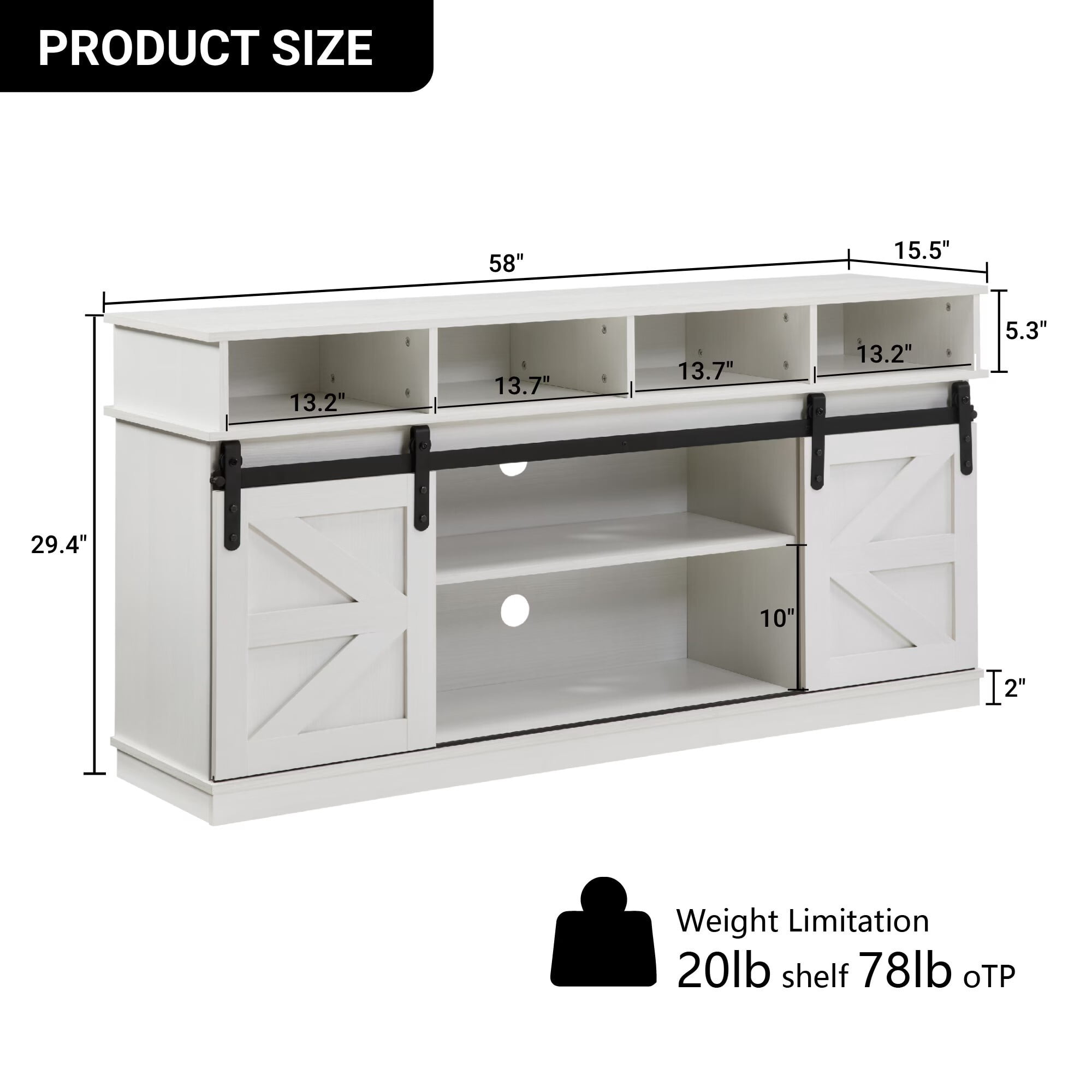 AENKYO 58" Farmhouse TV Stand with Sliding Barn Doors, Adjustable Shelves for TVs up to 65", White