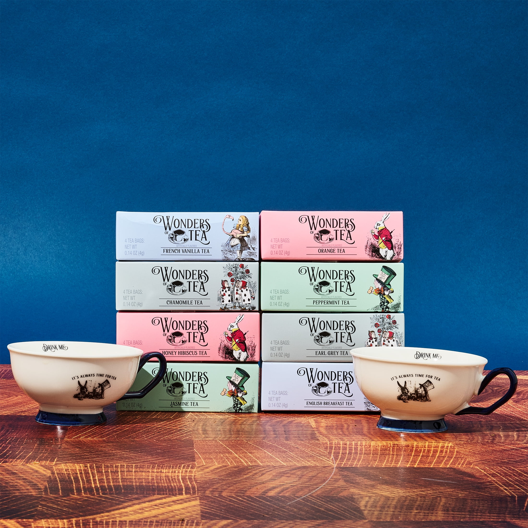 Thoughtfully Alice’s Adventures in Wonderland Tea Bags Gift Set with 2 Ceramic Cups, Herbal, Black, and Green Flavors, 34 Count
