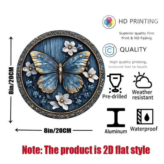 HELLOYOUNG Metal Wall Art Butterfly Circle Sign, Home Decor Aluminum Art for Kitchen Bar Cafe Office, 2D Modern Wall Decor Gift