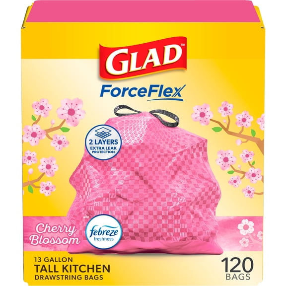 Glad ForceFlex Tall Kitchen Drawstring Trash Bags, 13 Gallon, Pink, Cherry Blossom, 120 Count