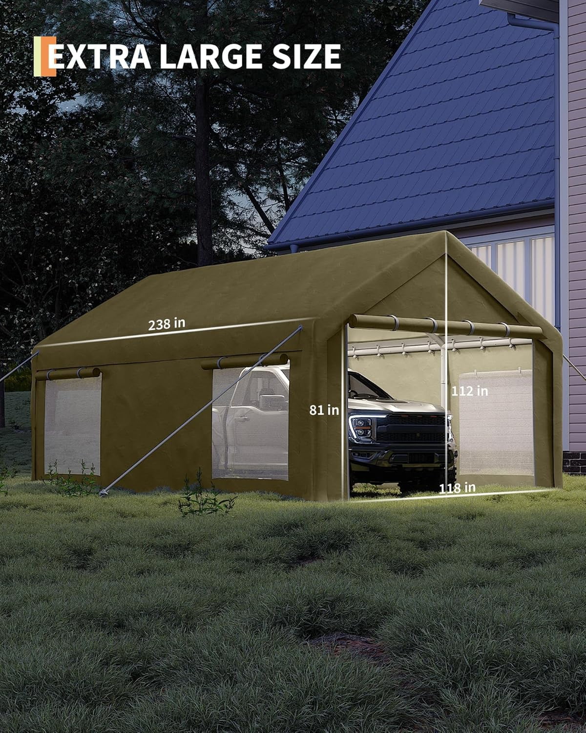Trilenars 10X20 Ft Carport Canopy,Portable Garage with 4 Roll-Up Windows & Doors,Heavy-Duty 200g PE Tarp,Waterproof UV Resistant Anti-Snow Shelter for Truck,Motorcycle,Khaki