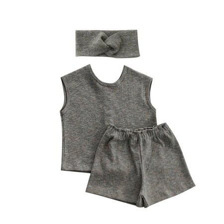 

Rovga Baby Girls Boys Summer Autumn Solid Cotton Sleeveless Short Pants Tshirt Shorts Headbands Set Outfits Clothes Casual Children Clothing