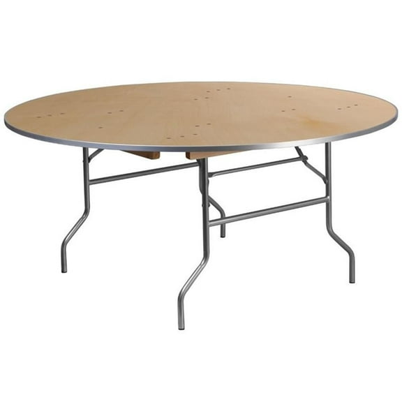 Bowery Hill 66" Round Birchwood Folding Banquet Table in Natural and Silver