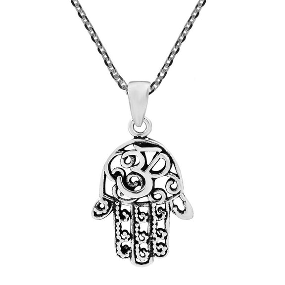 Hamsa Hand with Mystic Om or Aum .925 Sterling Silver Pendant Necklace