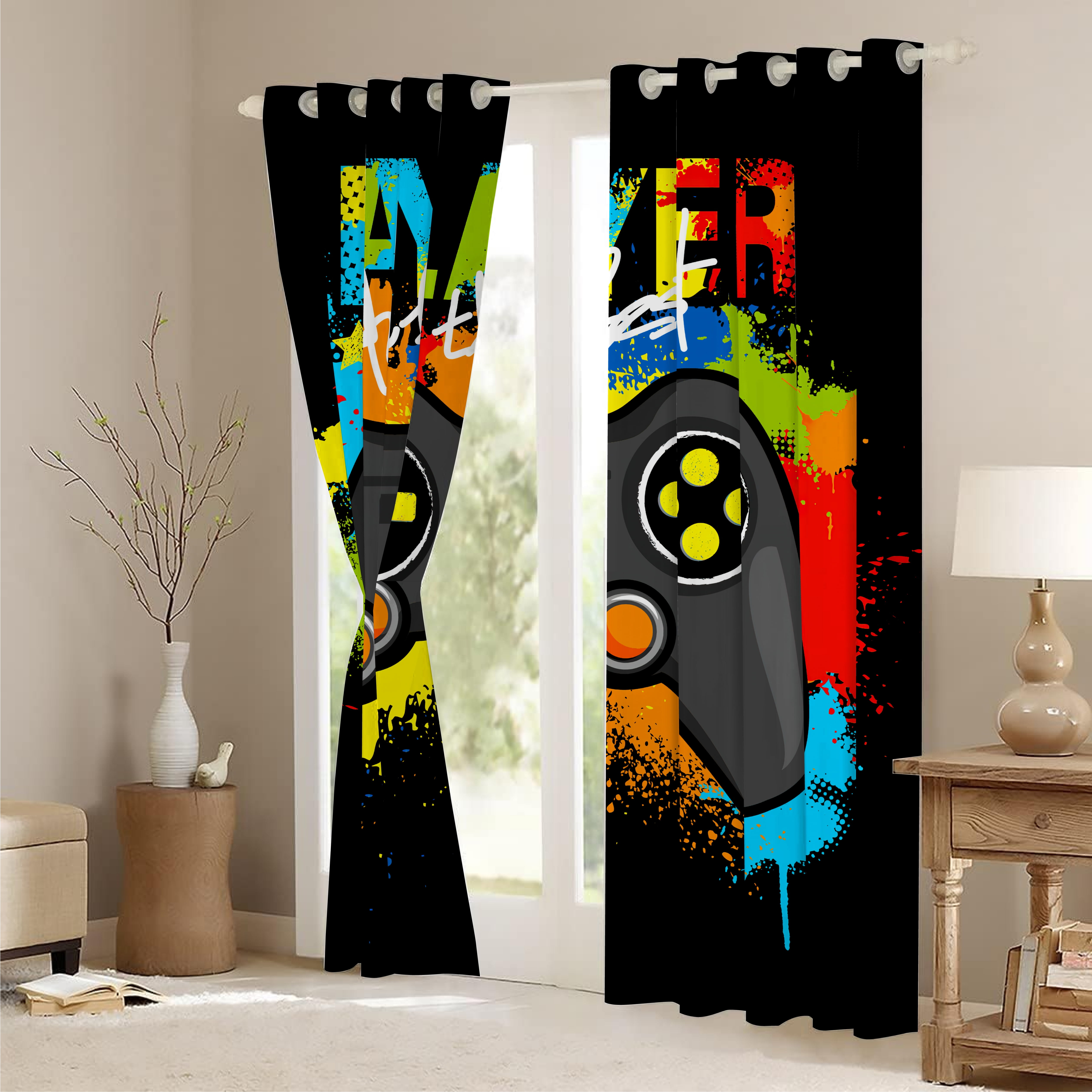 Gaming Game Controller Blackout Curtains - Colorful Gamer Gamepad Decor for Kids Boys Teens Teenager Bedroom Home Living Room Darkening Grommet Window Drapes 2 Panel Set, 52"x84"
